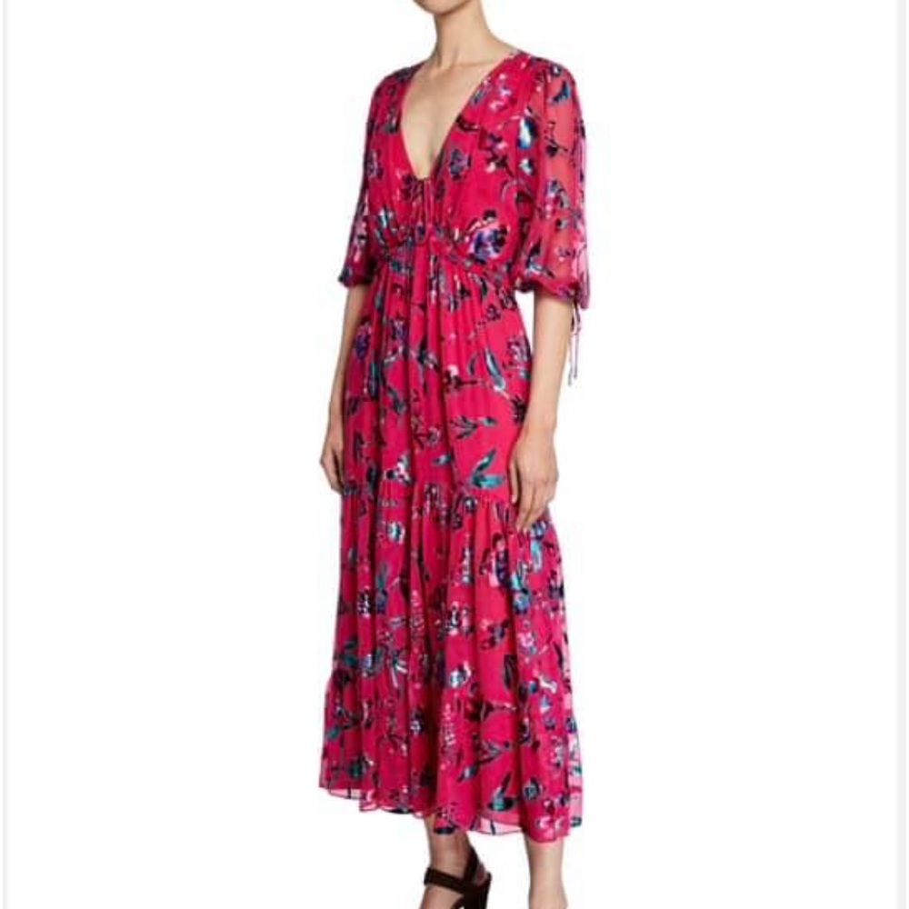 TANYA TAYLOR DULCE FLORAL BURNOUT SILK VELVET 3/4 SLEEVE TIERED MIDI DRESS